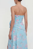 Strapless Green Purple Flower A Line Maxi Beach Wedding Guest Dress with Ruffles