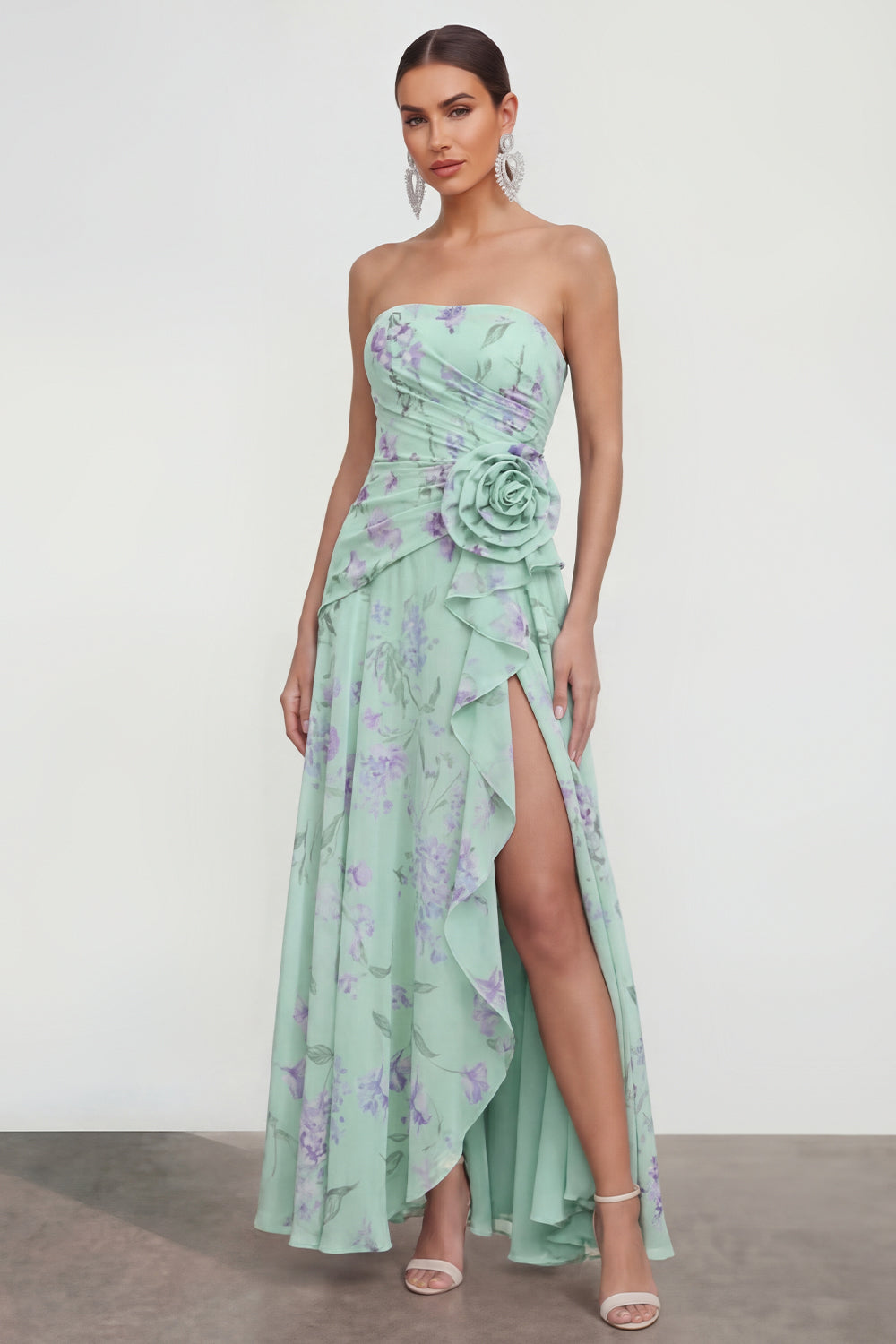 Strapless Green Purple Flower A Line Maxi Beach Wedding Guest Dress with Ruffles