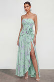 Strapless Green Purple Flower A Line Maxi Beach Wedding Guest Dress with Ruffles