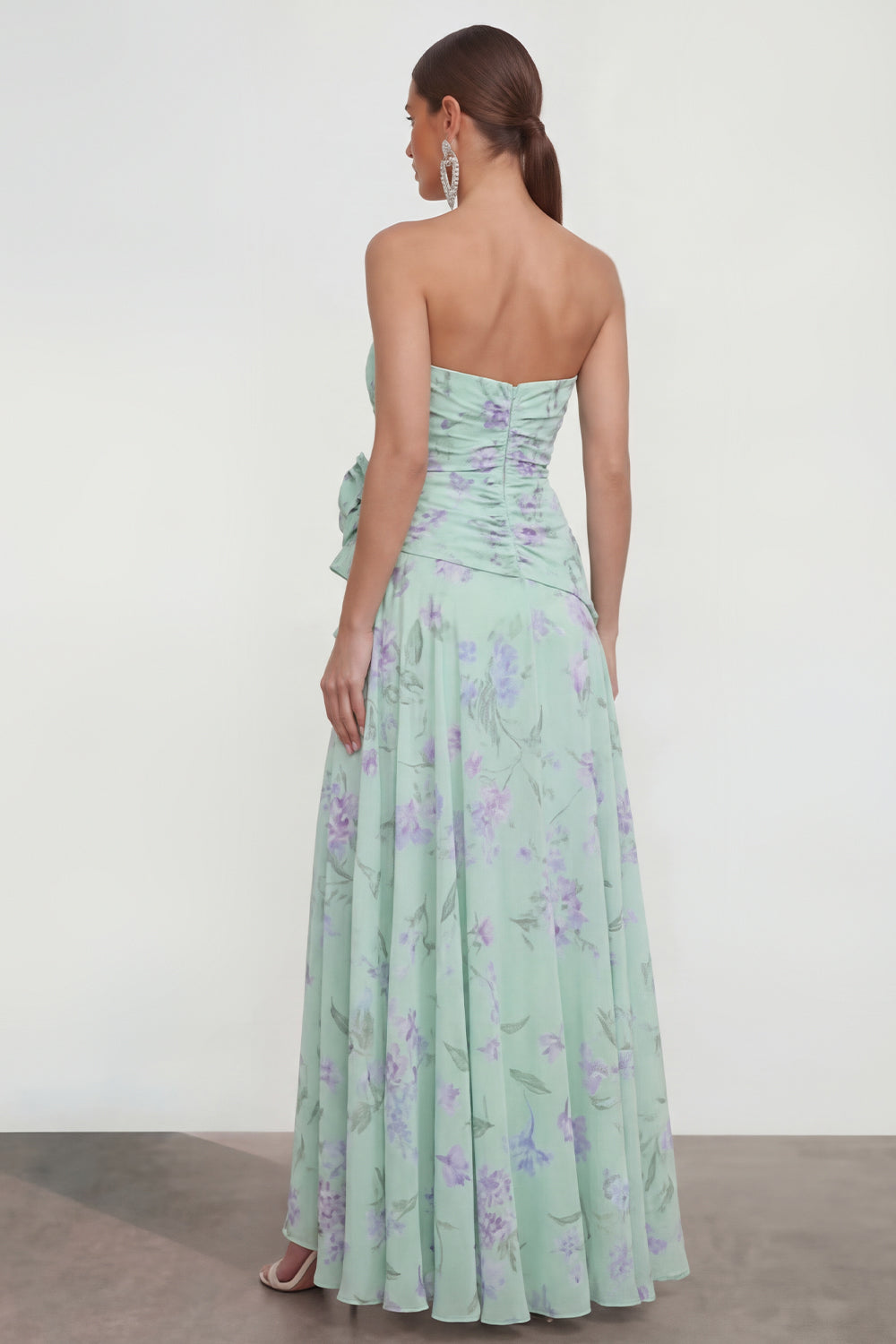 Strapless Green Purple Flower A Line Maxi Beach Wedding Guest Dress with Ruffles