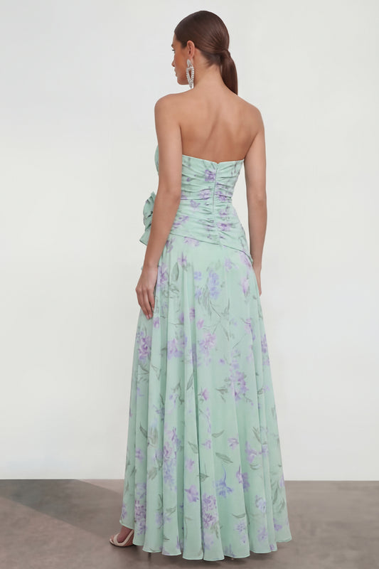 Strapless Green Purple Flower A Line Maxi Beach Wedding Guest Dress with Ruffles