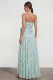 Strapless Green Purple Flower A Line Maxi Beach Wedding Guest Dress with Ruffles