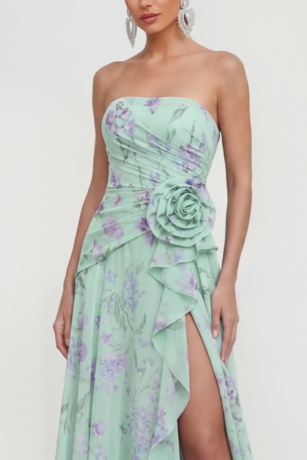 Strapless Green Purple Flower A Line Maxi Beach Wedding Guest Dress with Ruffles