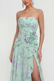 Strapless Green Purple Flower A Line Maxi Beach Wedding Guest Dress with Ruffles
