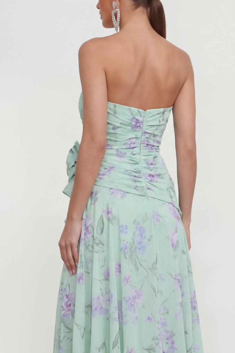 Strapless Green Purple Flower A Line Maxi Beach Wedding Guest Dress with Ruffles