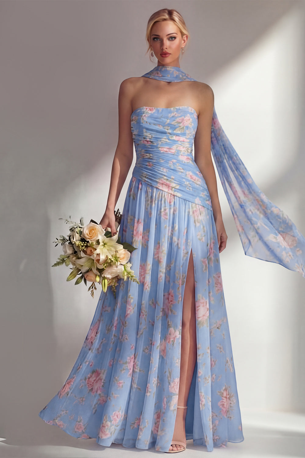 Butter Yellow Floral Strapless Ruched Long Neck Scarf Boho Bridesmaid Dress with Slit