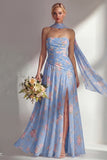 Butter Yellow Floral Strapless Ruched Long Neck Scarf Boho Bridesmaid Dress with Slit