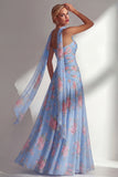 Butter Yellow Floral Strapless Ruched Long Neck Scarf Boho Bridesmaid Dress with Slit