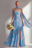 Butter Yellow Floral Strapless Ruched Long Neck Scarf Boho Bridesmaid Dress with Slit