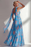 Butter Yellow Floral Strapless Ruched Long Neck Scarf Boho Bridesmaid Dress with Slit