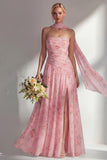 Butter Yellow Floral Strapless Ruched Long Neck Scarf Boho Bridesmaid Dress with Slit