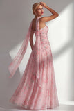 Butter Yellow Floral Strapless Ruched Long Neck Scarf Boho Bridesmaid Dress with Slit