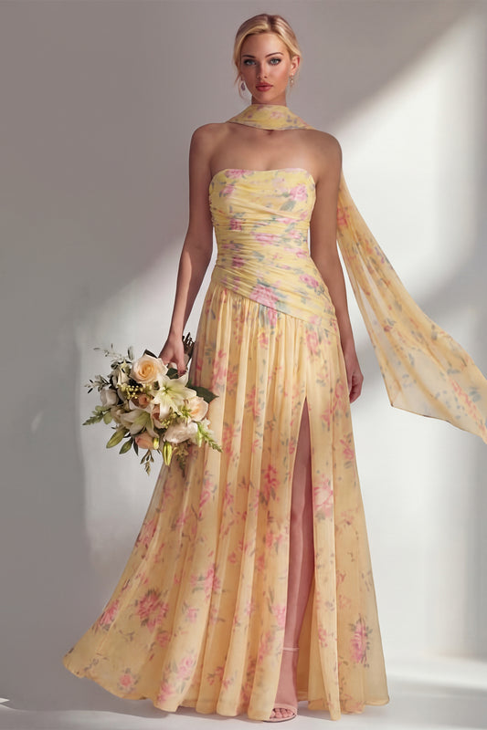 Butter Yellow Floral Strapless Ruched Long Neck Scarf Boho Bridesmaid Dress with Slit