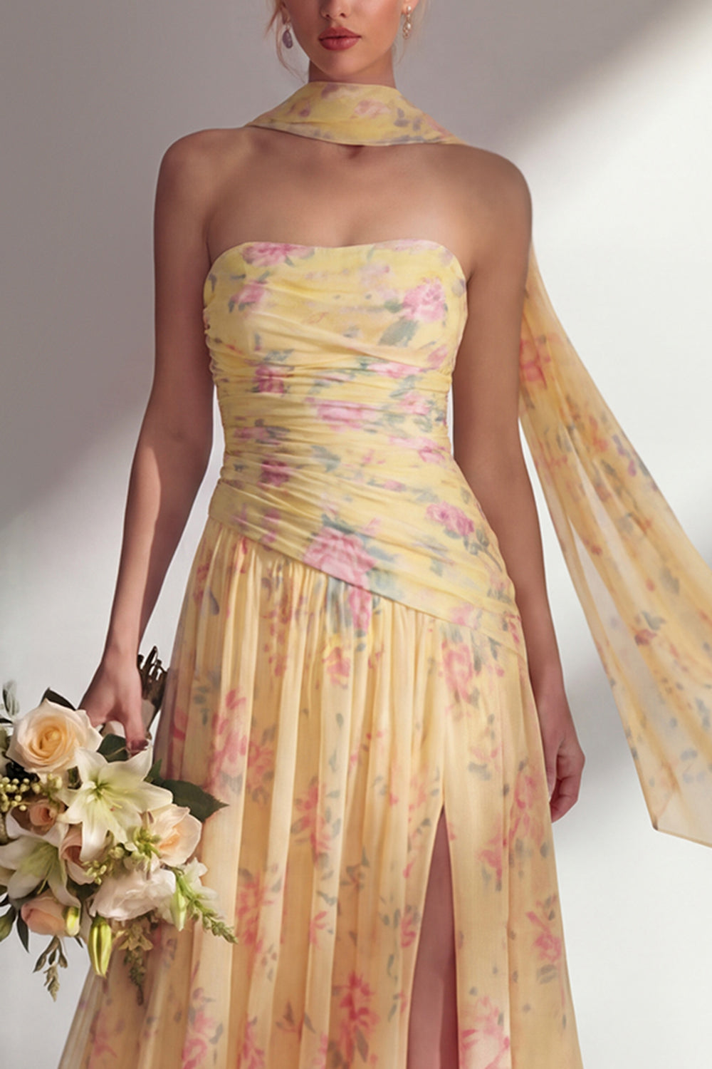 Butter Yellow Floral Strapless Ruched Long Neck Scarf Boho Bridesmaid Dress with Slit