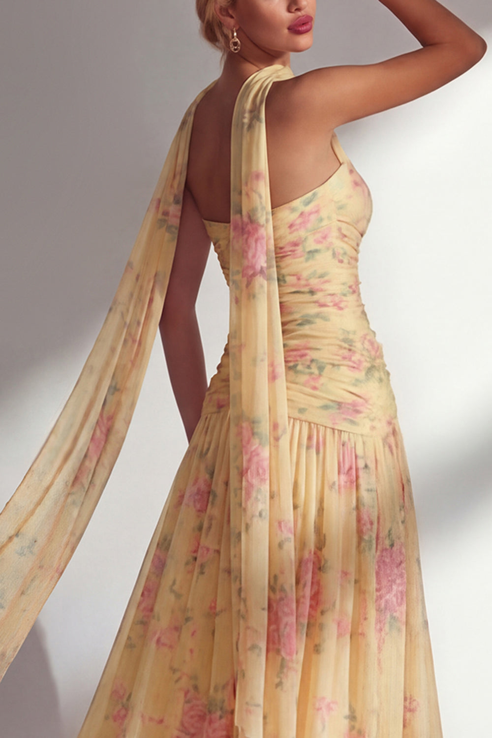 Butter Yellow Floral Strapless Ruched Long Neck Scarf Boho Bridesmaid Dress with Slit