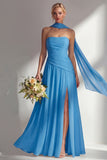 Strapless Ruched Long Butter Yellow Neck Scarf Boho Bridesmaid Dress with Slit