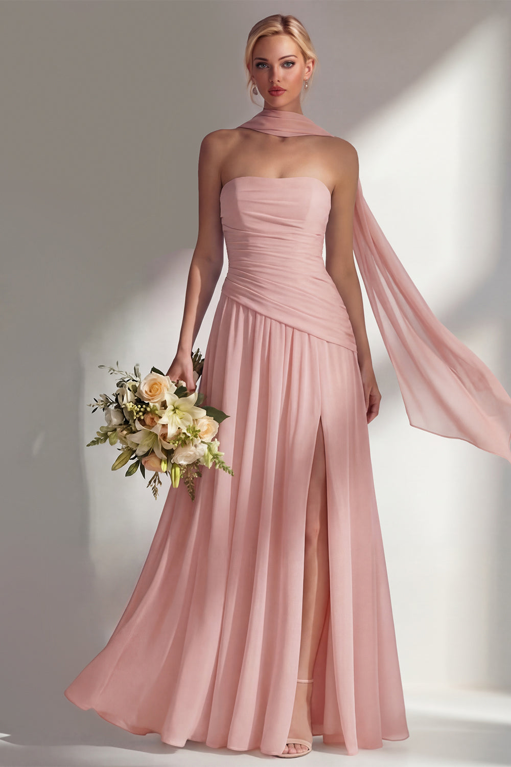Strapless Ruched Long Butter Yellow Neck Scarf Boho Bridesmaid Dress with Slit