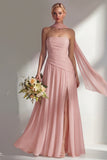 Strapless Ruched Long Butter Yellow Neck Scarf Boho Bridesmaid Dress with Slit