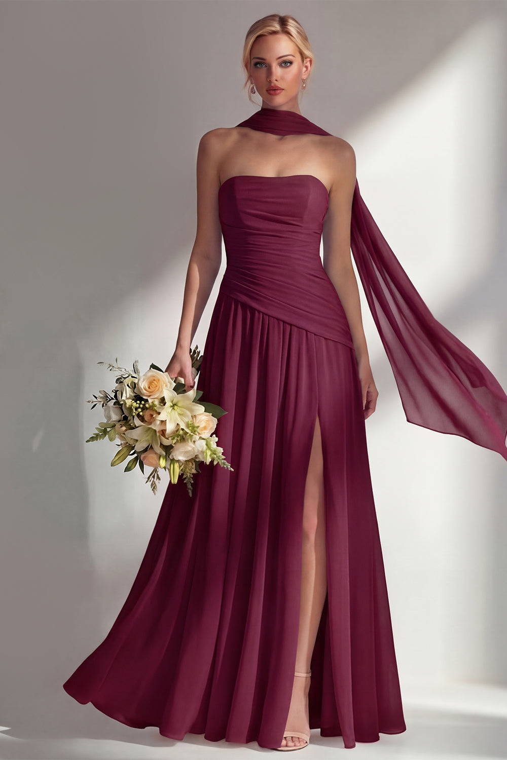 Strapless Ruched Long Butter Yellow Neck Scarf Boho Bridesmaid Dress with Slit
