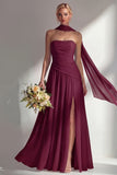 Strapless Ruched Long Butter Yellow Neck Scarf Boho Bridesmaid Dress with Slit