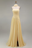 Strapless Ruched Long Butter Yellow Neck Scarf Boho Bridesmaid Dress with Slit