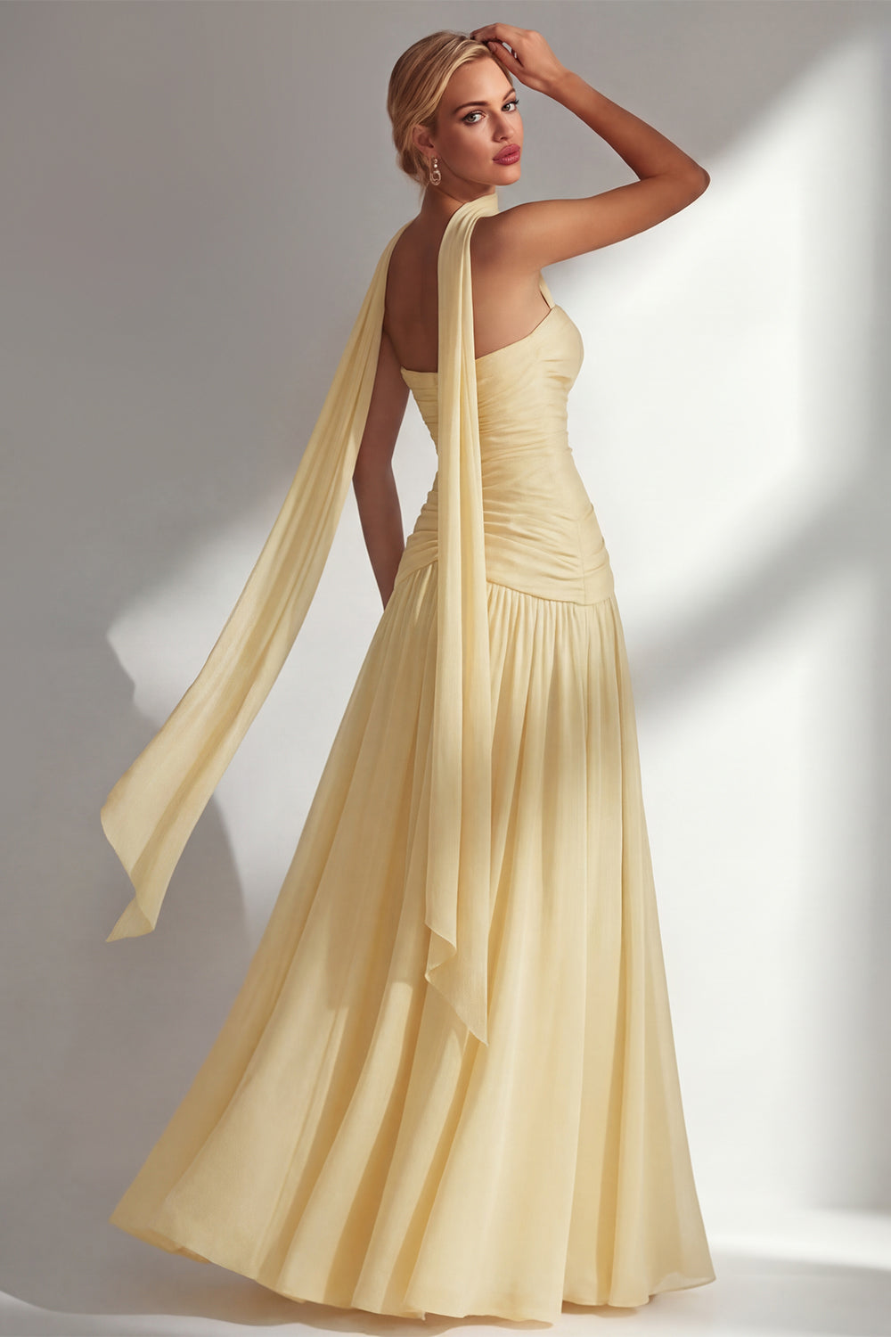 Strapless Ruched Long Butter Yellow Neck Scarf Boho Bridesmaid Dress with Slit