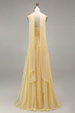 Strapless Ruched Long Butter Yellow Neck Scarf Boho Bridesmaid Dress with Slit