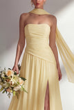 Strapless Ruched Long Butter Yellow Neck Scarf Boho Bridesmaid Dress with Slit