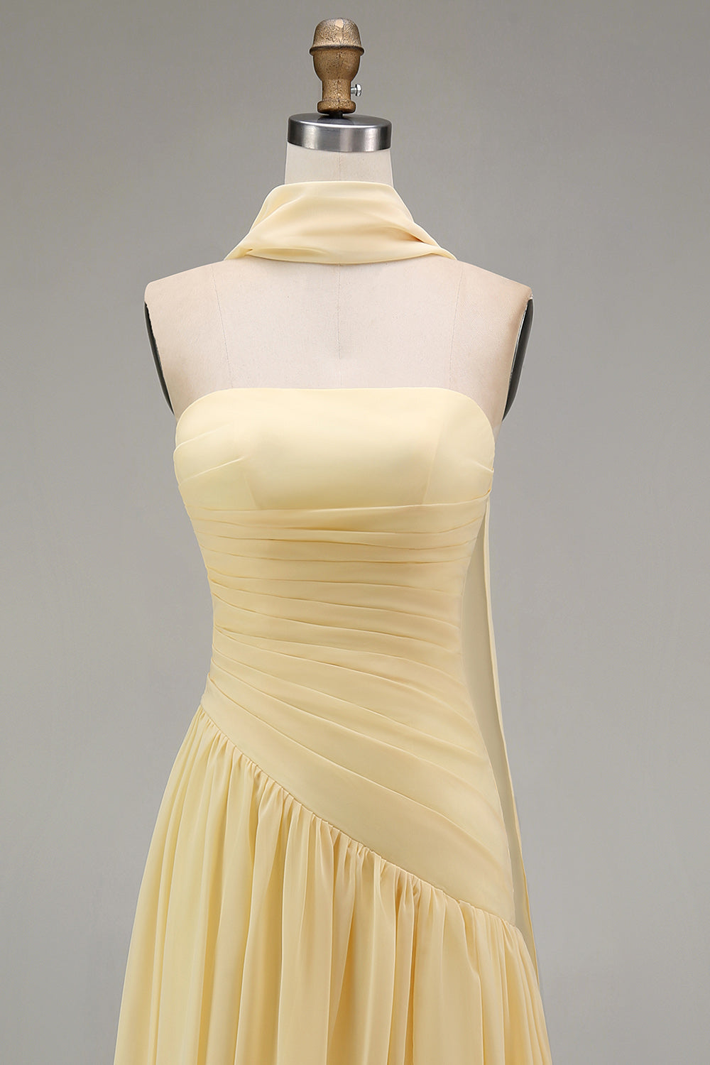 Strapless Ruched Long Butter Yellow Neck Scarf Boho Bridesmaid Dress with Slit