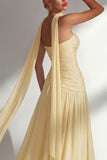 Strapless Ruched Long Butter Yellow Neck Scarf Boho Bridesmaid Dress with Slit