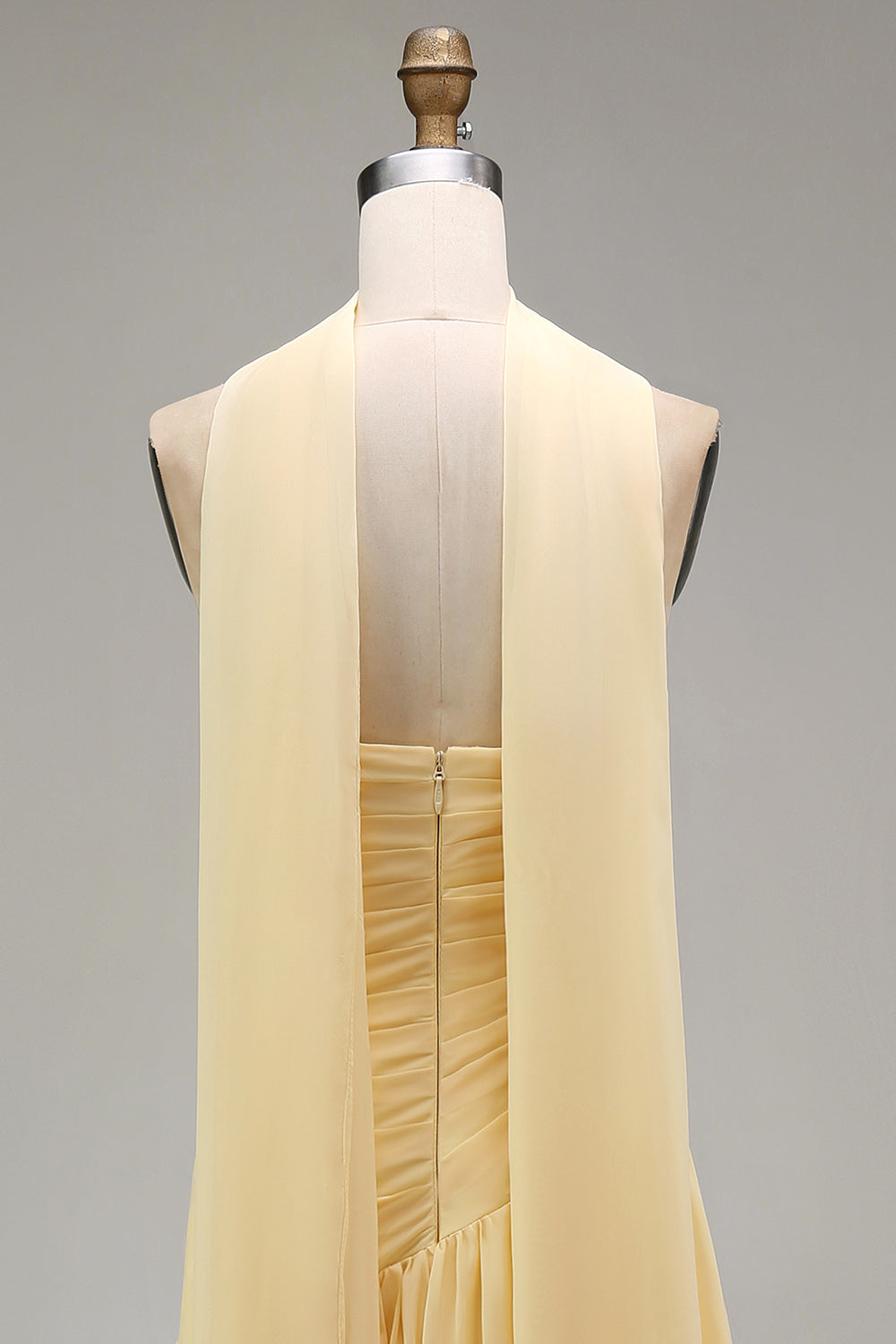 Strapless Ruched Long Butter Yellow Neck Scarf Boho Bridesmaid Dress with Slit