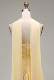 Strapless Ruched Long Butter Yellow Neck Scarf Boho Bridesmaid Dress with Slit