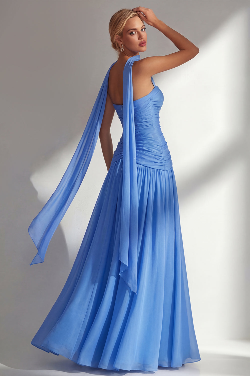 Strapless Ruched Long Butter Yellow Neck Scarf Boho Bridesmaid Dress with Slit