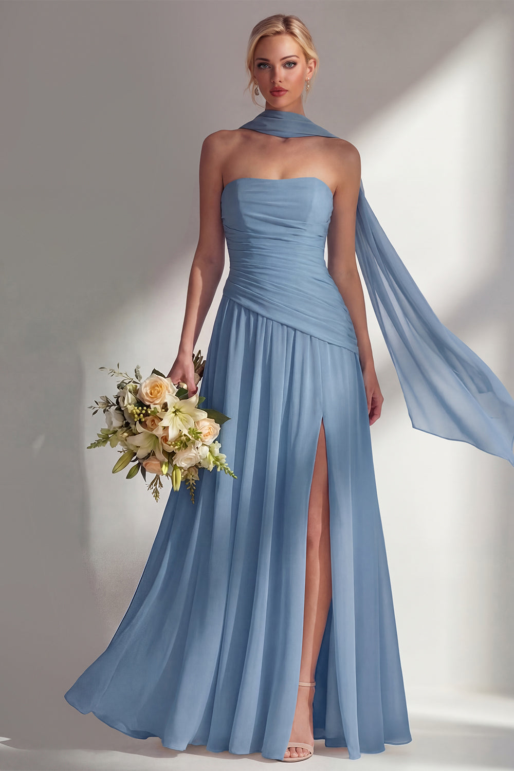 Strapless Ruched Long Butter Yellow Neck Scarf Boho Bridesmaid Dress with Slit