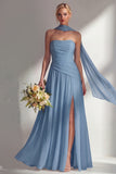 Strapless Ruched Long Butter Yellow Neck Scarf Boho Bridesmaid Dress with Slit