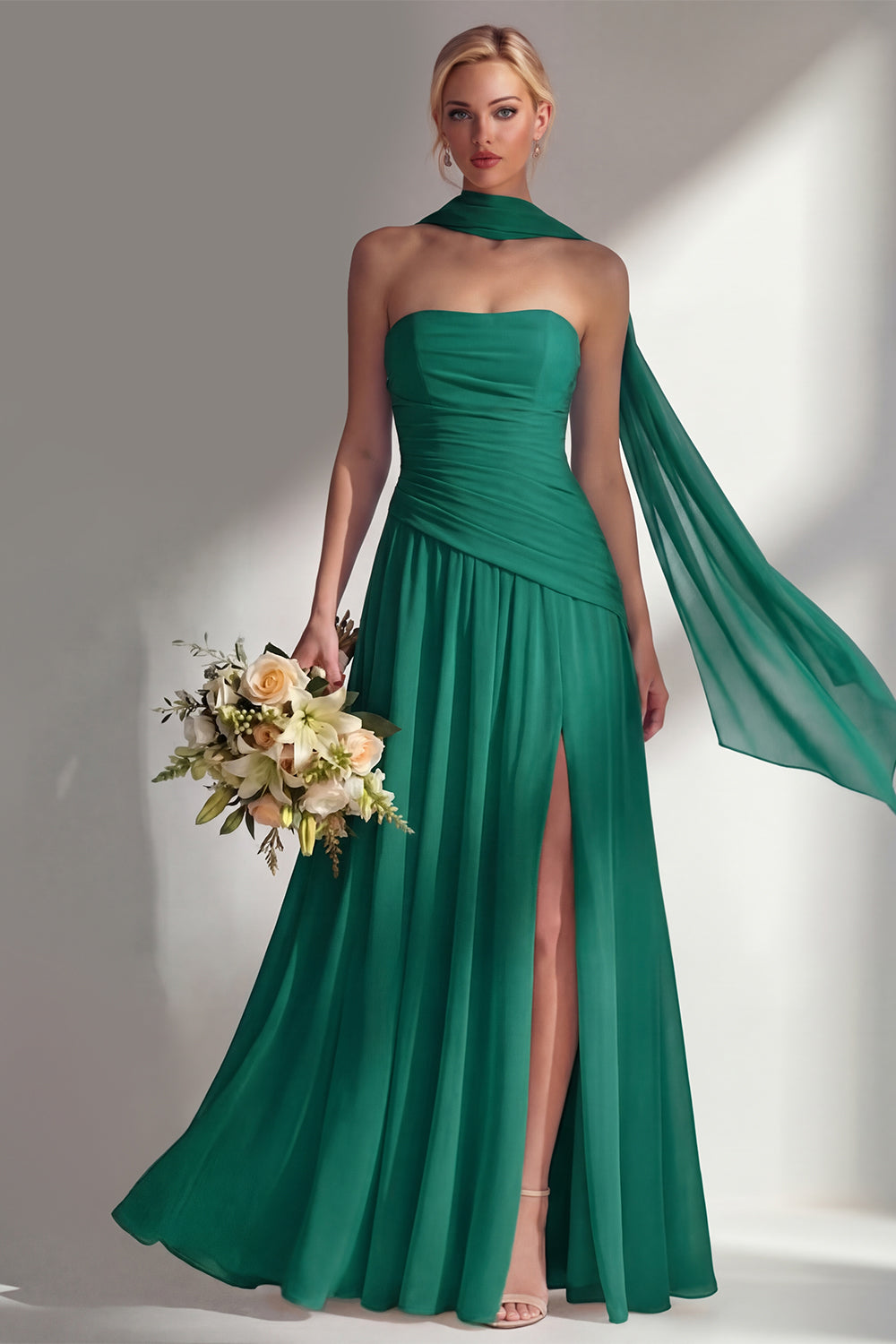 Strapless Ruched Long Butter Yellow Neck Scarf Boho Bridesmaid Dress with Slit