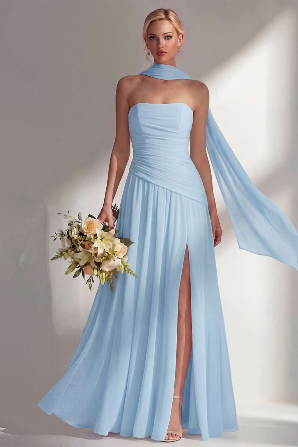Strapless Ruched Long Butter Yellow Neck Scarf Boho Bridesmaid Dress with Slit