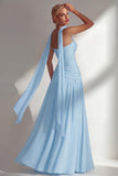 Strapless Ruched Long Butter Yellow Neck Scarf Boho Bridesmaid Dress with Slit