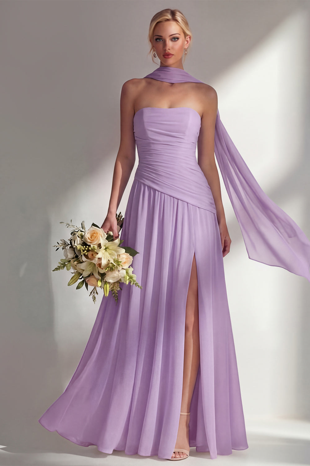 Strapless Ruched Long Butter Yellow Neck Scarf Boho Bridesmaid Dress with Slit