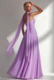 Strapless Ruched Long Butter Yellow Neck Scarf Boho Bridesmaid Dress with Slit