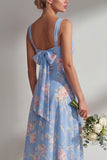 Blue Pink Flower Convertible Wear Long Boho Bridesmaid Dress with Slit