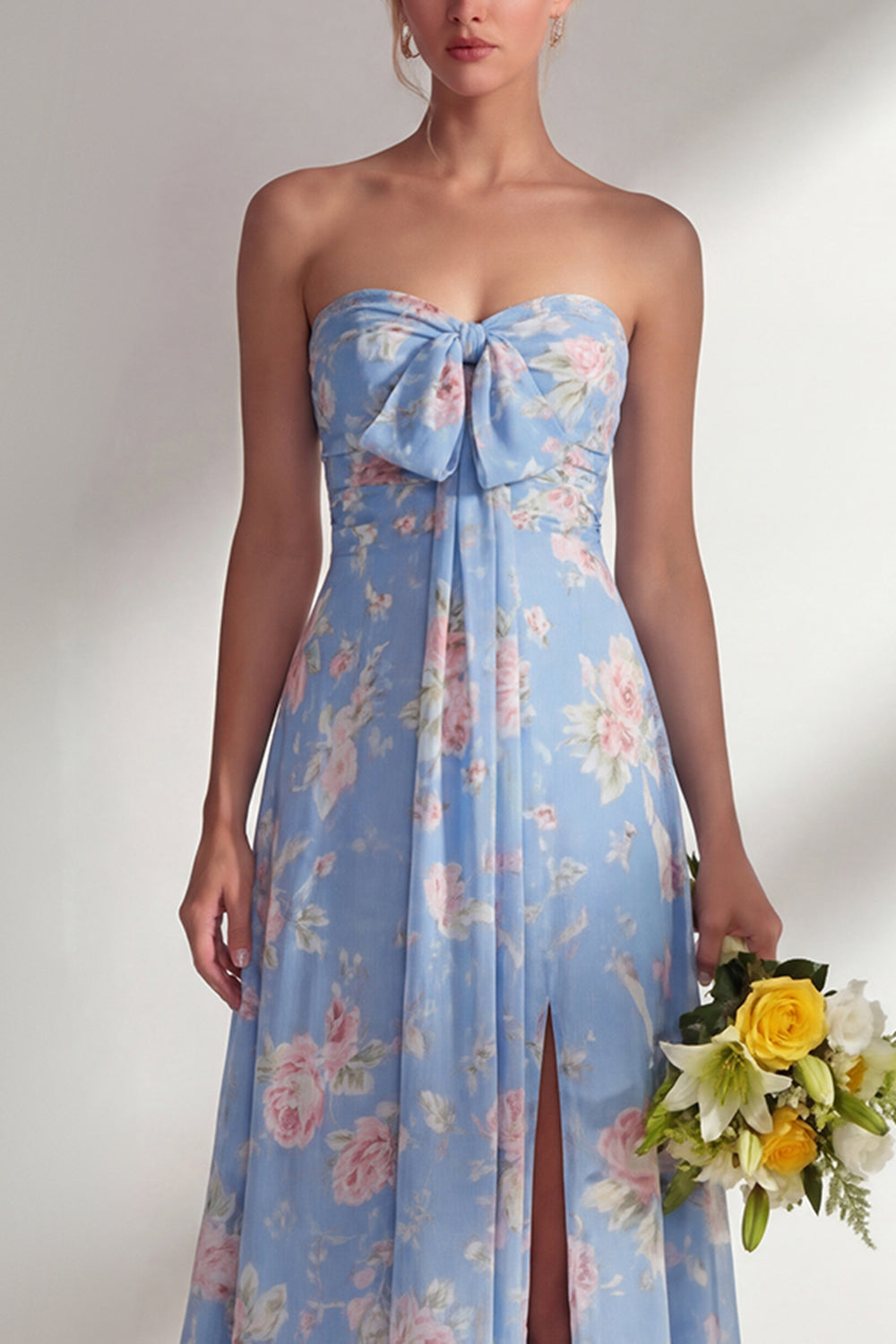 Blue Pink Flower Convertible Wear Long Boho Bridesmaid Dress with Slit