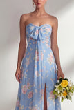 Blue Pink Flower Convertible Wear Long Boho Bridesmaid Dress with Slit