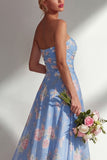 Blue Pink Flower Convertible Wear Long Boho Bridesmaid Dress with Slit