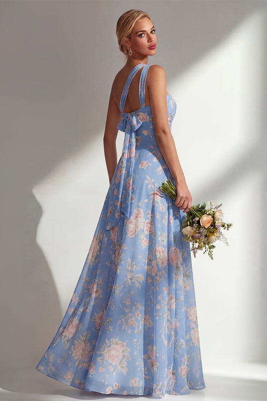 Blue Pink Flower Convertible Wear Long Boho Bridesmaid Dress with Slit