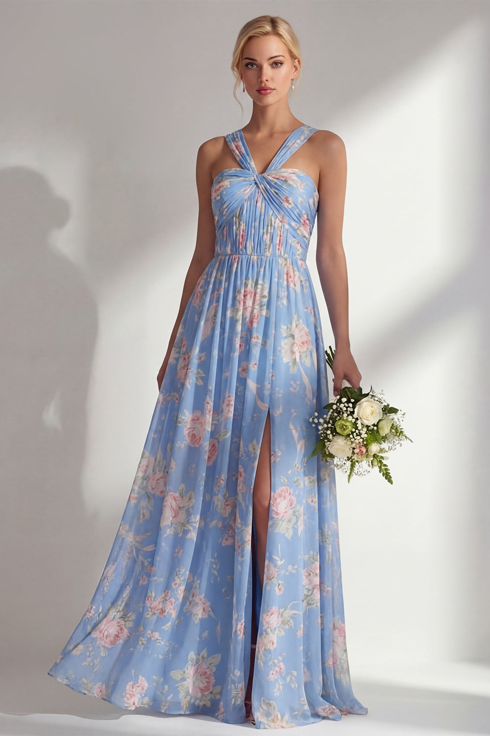 Blue Pink Flower Convertible Wear Long Boho Bridesmaid Dress with Slit