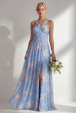 Blue Pink Flower Convertible Wear Long Boho Bridesmaid Dress with Slit