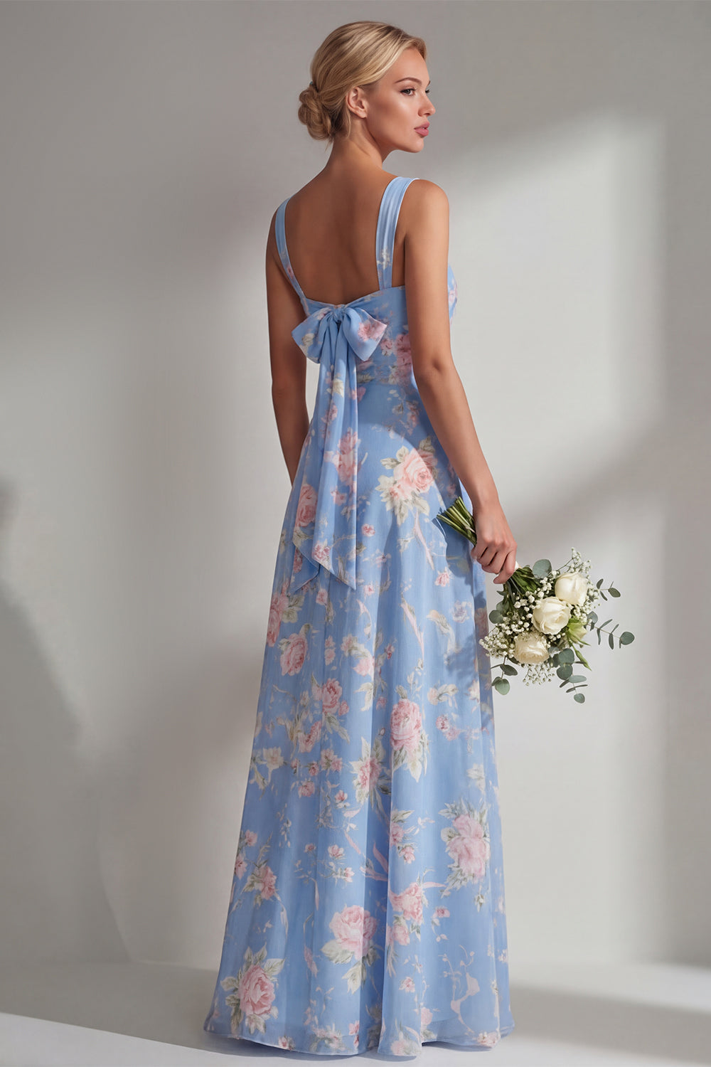 Blue Pink Flower Convertible Wear Long Boho Bridesmaid Dress with Slit