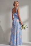Blue Pink Flower Convertible Wear Long Boho Bridesmaid Dress with Slit