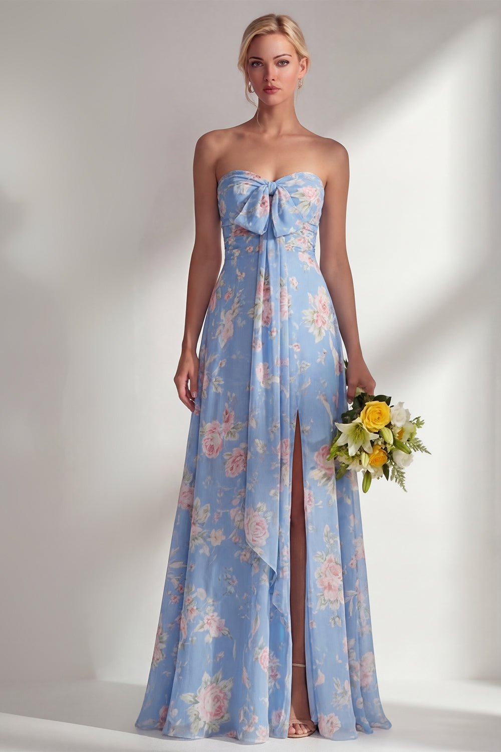 Blue Pink Flower Convertible Wear Long Boho Bridesmaid Dress with Slit